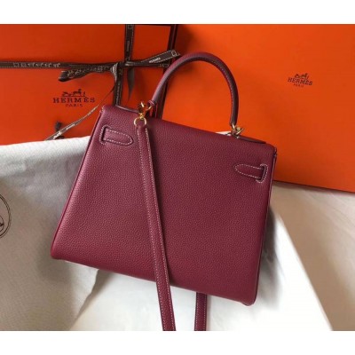 Hermes Kelly 25cm Retourne Bag In Bordeaux Clemence Leather