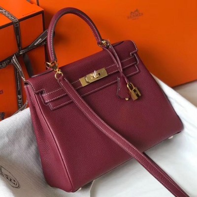 Hermes Kelly 25cm Retourne Bag In Bordeaux Clemence Leather