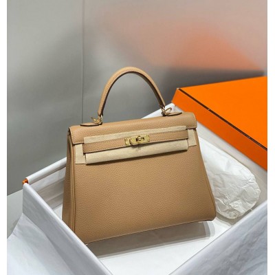 Hermes Kelly 25cm Retourne Bag In Chai Clemence Leather GHW