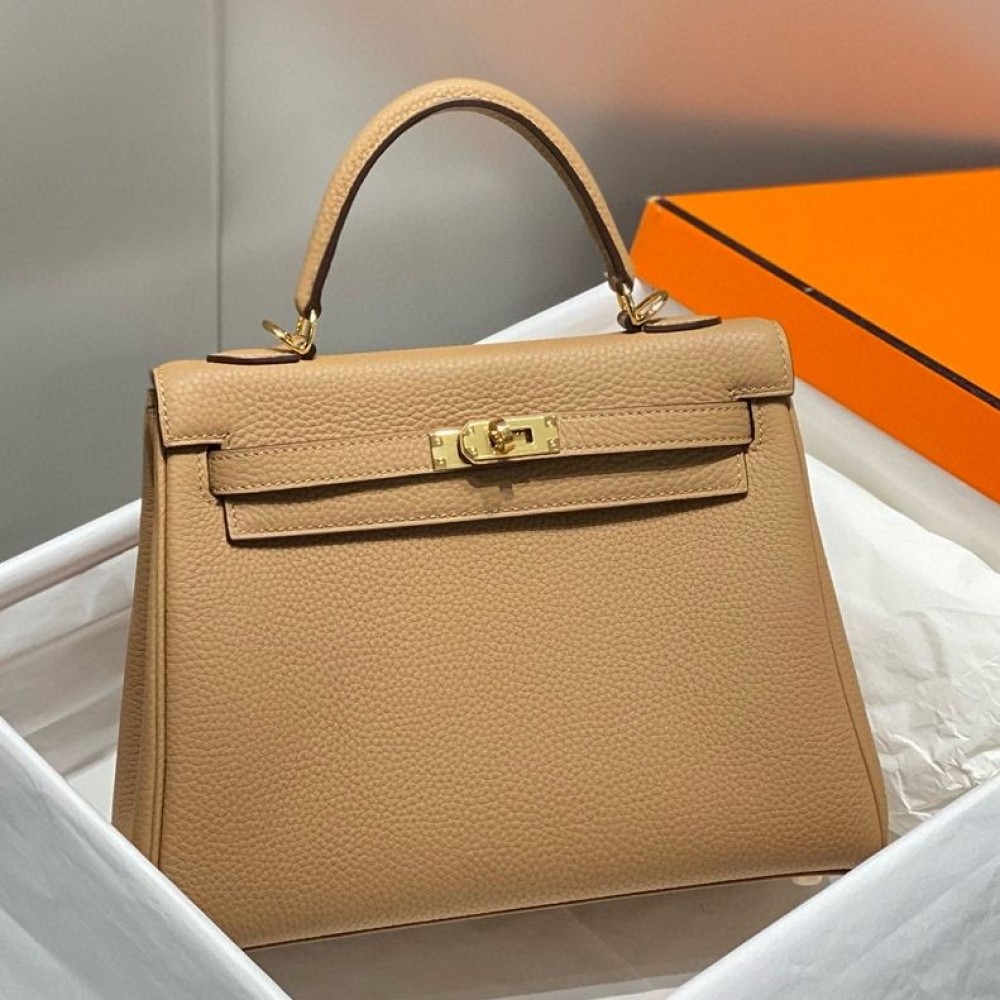 Hermes Kelly 25cm Retourne Bag In Chai Clemence Leather GHW