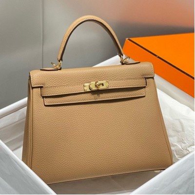 Hermes Kelly 25cm Retourne Bag In Chai Clemence Leather GHW