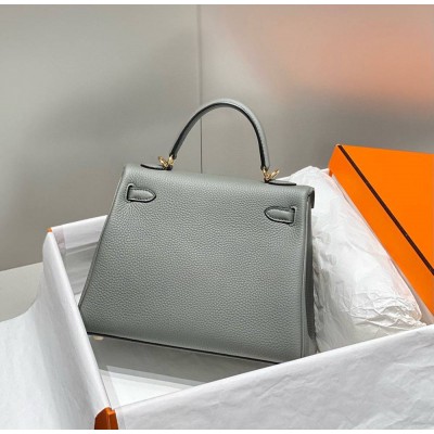 Hermes Kelly 25cm Retourne Bag In Gris Meyer Clemence Leather