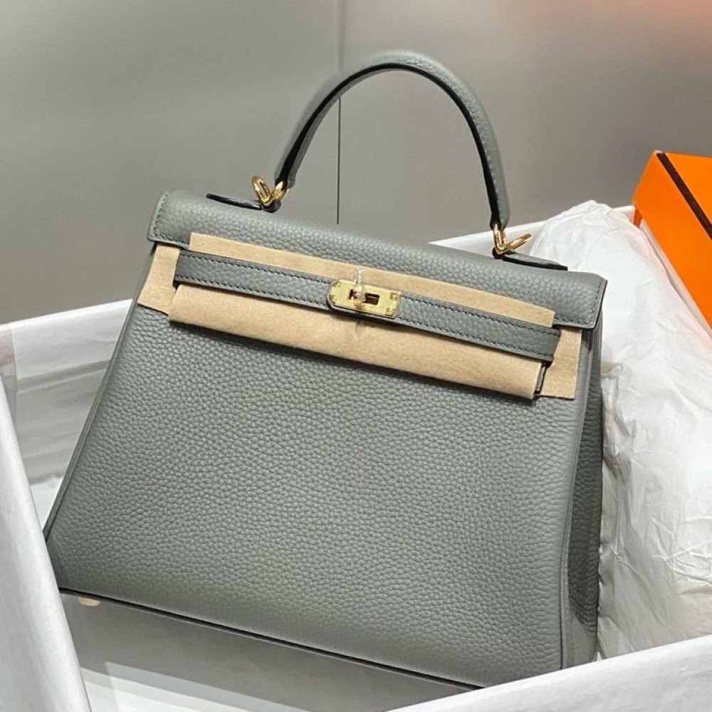 Hermes Kelly 25cm Retourne Bag In Gris Meyer Clemence Leather