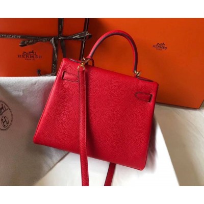 Hermes Kelly 25cm Retourne Bag In Red Clemence Leather