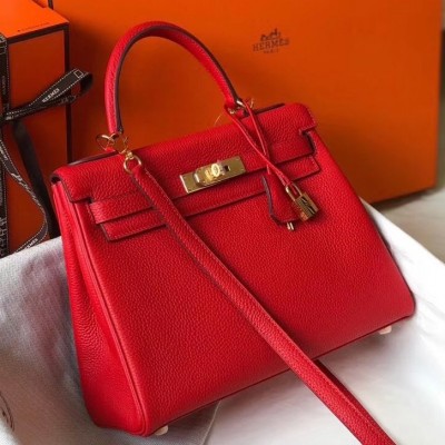 Hermes Kelly 25cm Retourne Bag In Red Clemence Leather