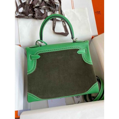 Hermes Kelly 28 Ghillies Grizzly Bag in Bambou Evercolor and Olive Veau Doblis