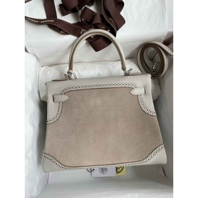 Hermes Kelly 28 Ghillies Grizzly Bag in Pearl Grey Evercolor and Grey Veau Doblis