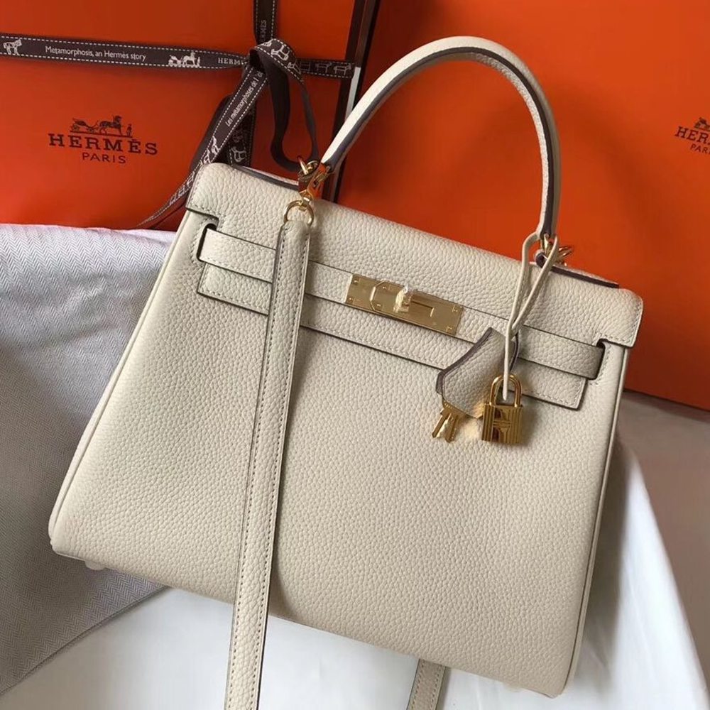 Hermes Kelly 28cm Bag In Beton Clemence Leather GHW