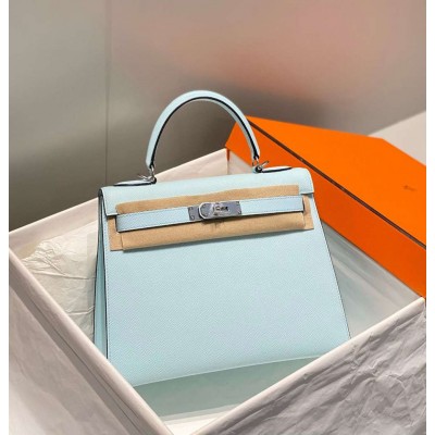 Hermes Kelly 28cm Bag In Blue Brume Epsom Leather PHW