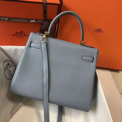 Hermes Kelly 28cm Bag In Blue Lin Clemence Leather GHW