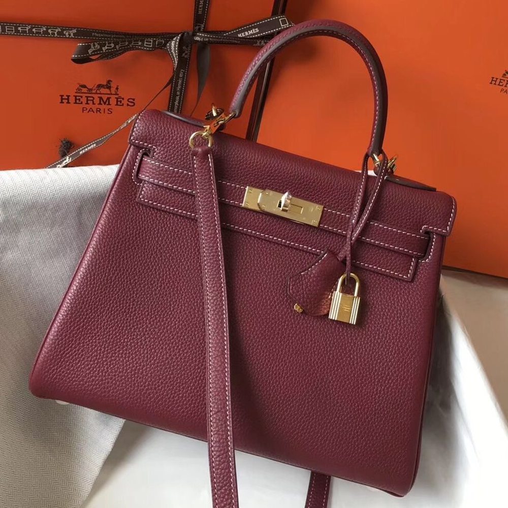 Hermes Kelly 28cm Bag In Bordeaxu Clemence Leather GHW