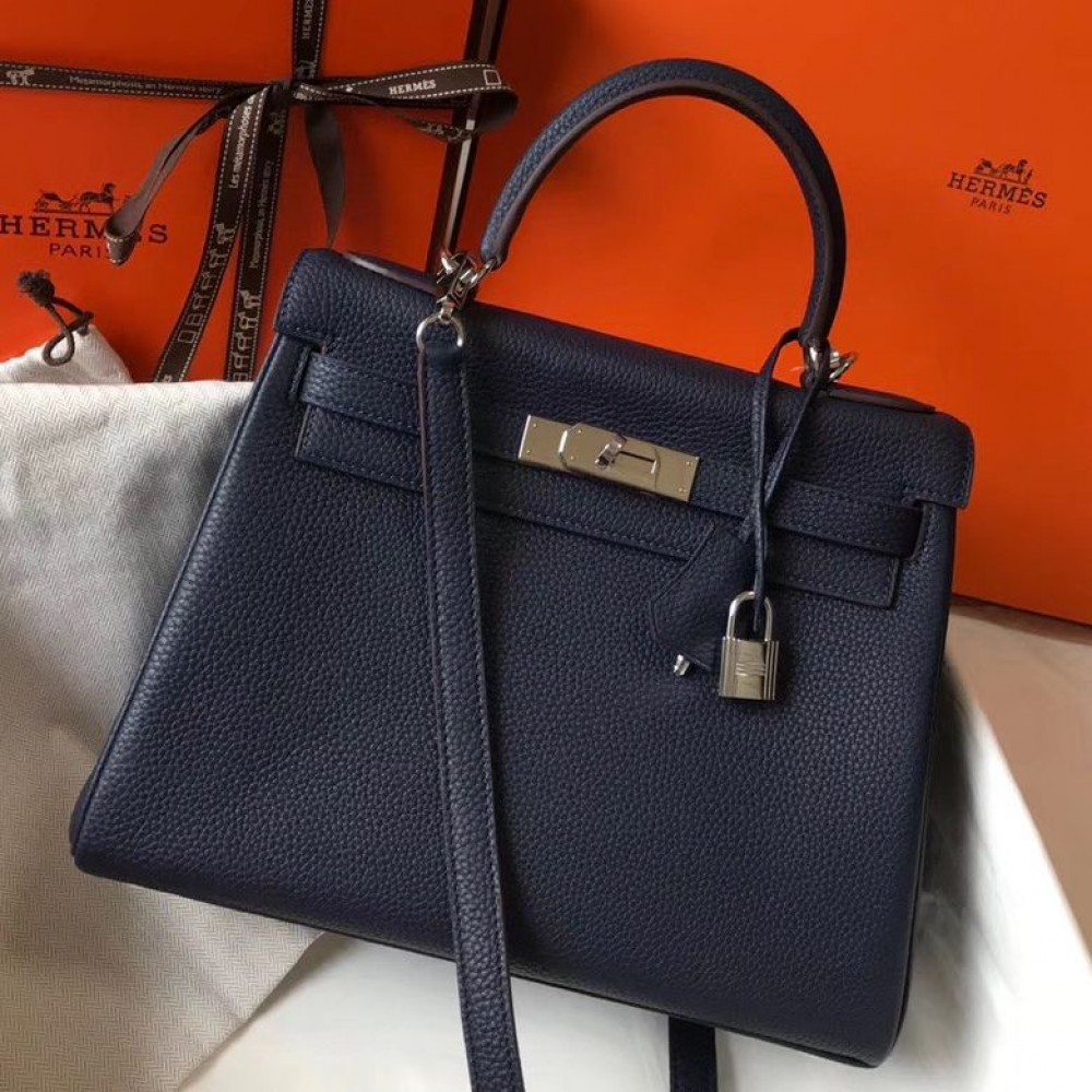 Hermes Kelly 28cm Bag In Dark Blue Clemence Leather PHW