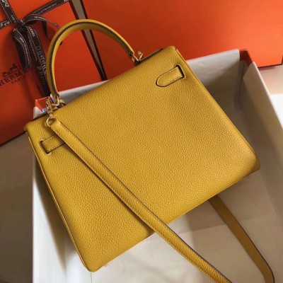 Hermes Kelly 28cm Bag In Yellow Clemence Leather GHW