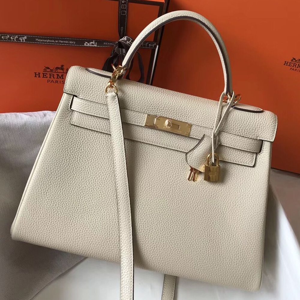 Hermes Kelly 32cm Bag In Beton Clemence Leather GHW