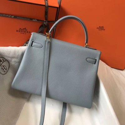 Hermes Kelly 32cm Bag In Blue Lin Clemence Leather GHW