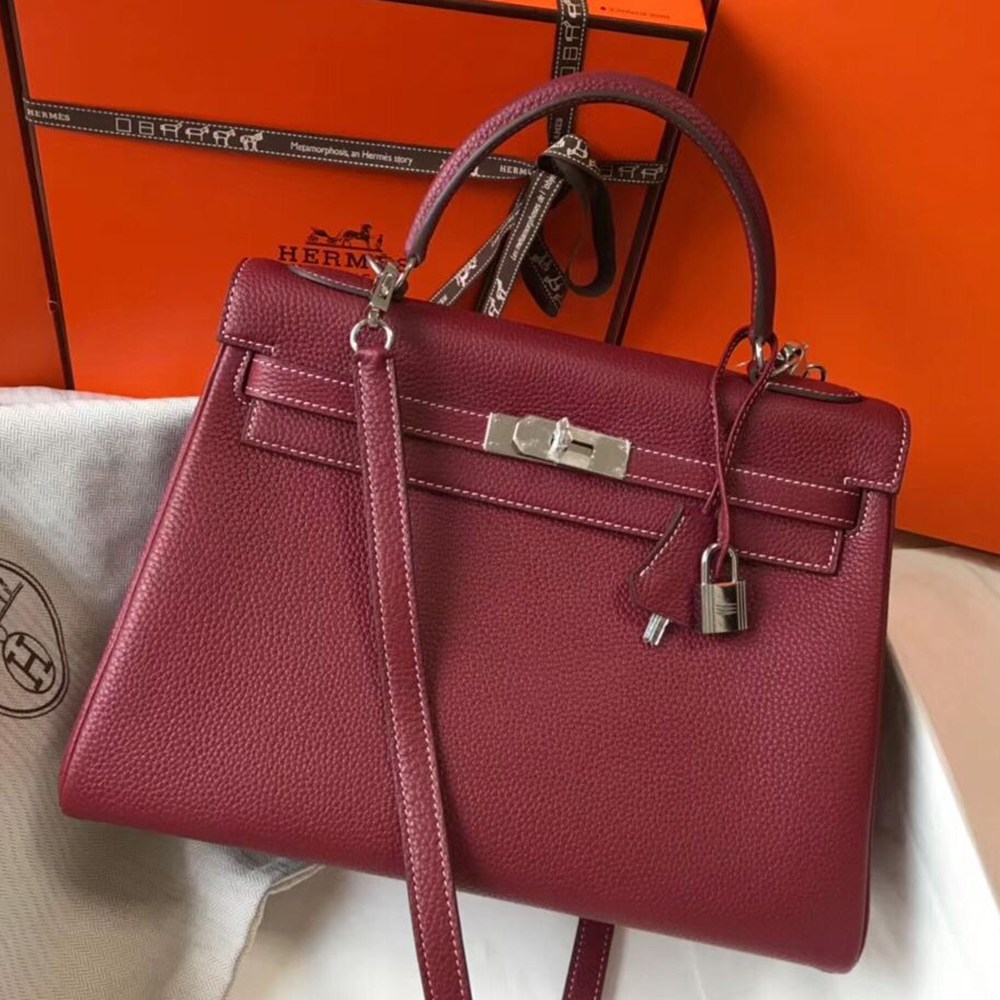 Hermes Kelly 32cm Bag In Bordeaux Clemence Leather PHW