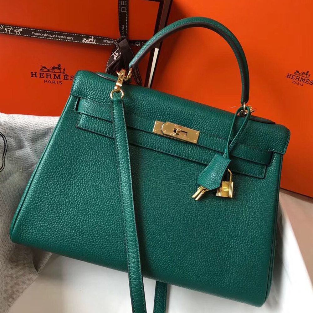 Hermes Kelly 32cm Bag In Malachite Clemence Leather GHW