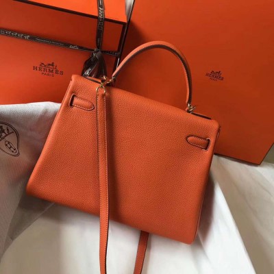 Hermes Kelly 32cm Bag In Orange Clemence Leather GHW