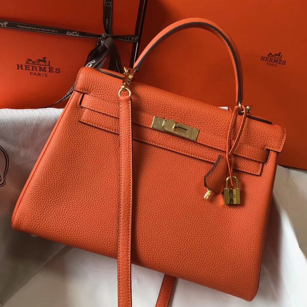 Hermes Kelly 32cm Bag In Orange Clemence Leather GHW