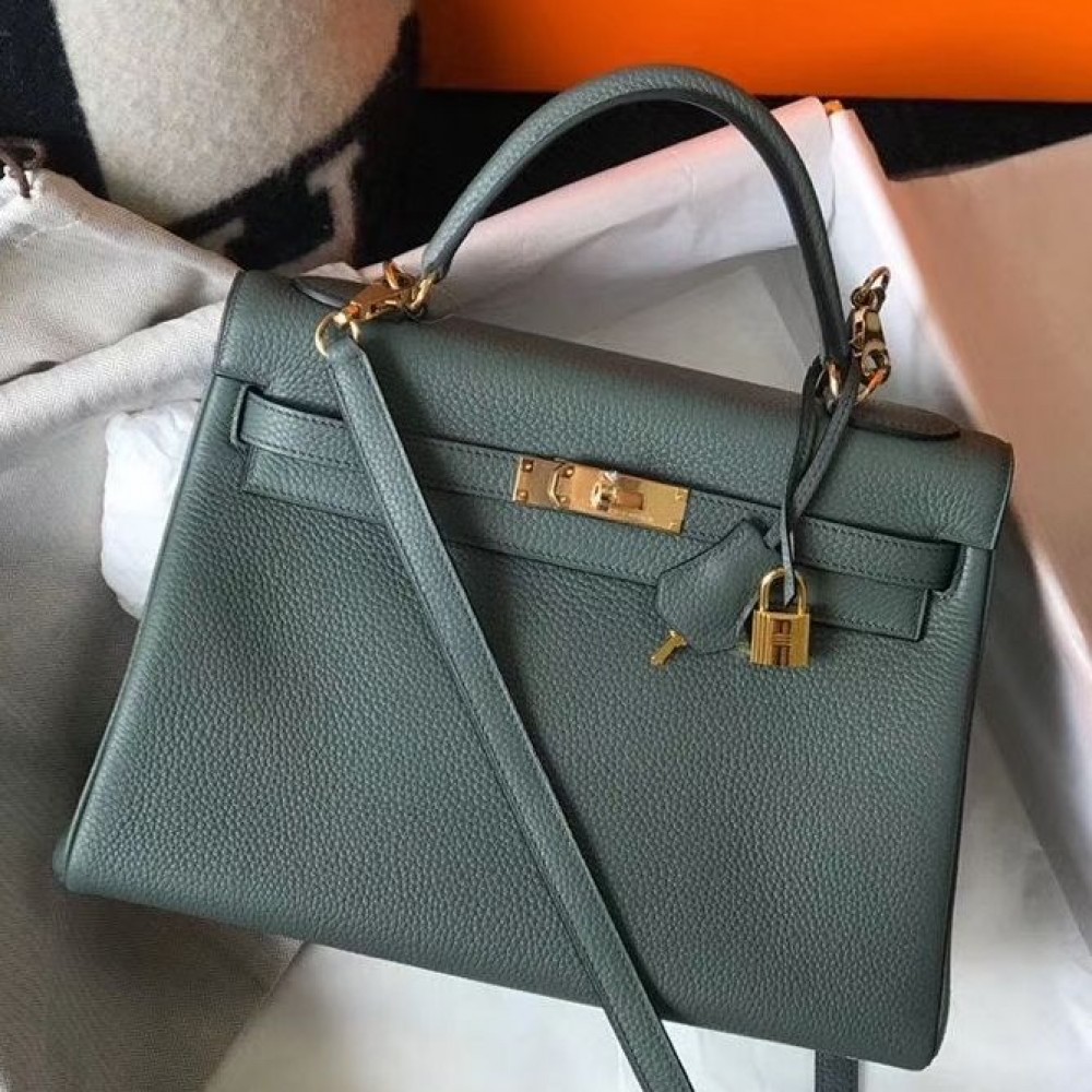 Hermes Kelly 32cm Bag In Vert Amande Clemence Leather GHW