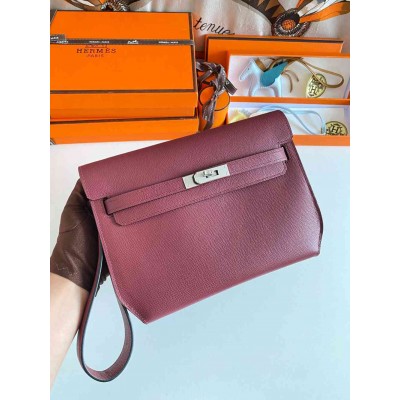 Hermes Kelly Depeches 25 Pouch in Bordeaux Epsom Calfskin