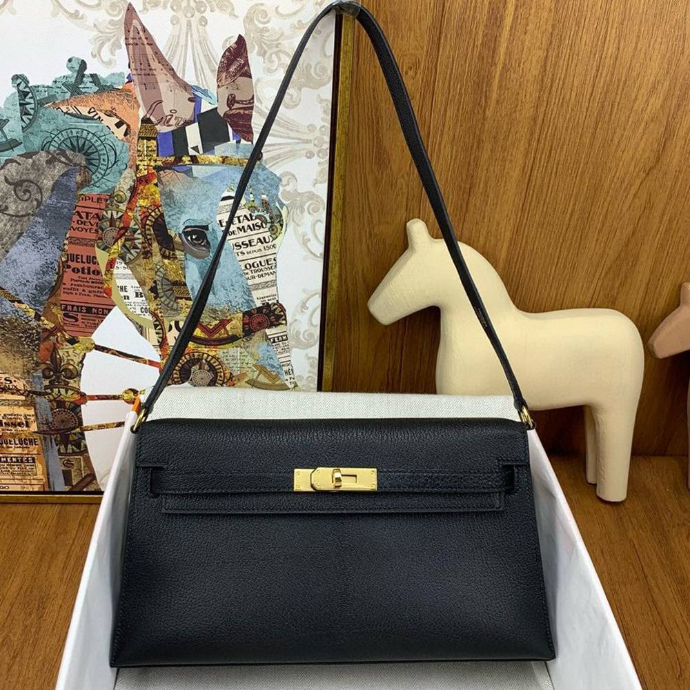 Hermes Kelly Elan Handmade Bag In Black Chevre Mysore Leather