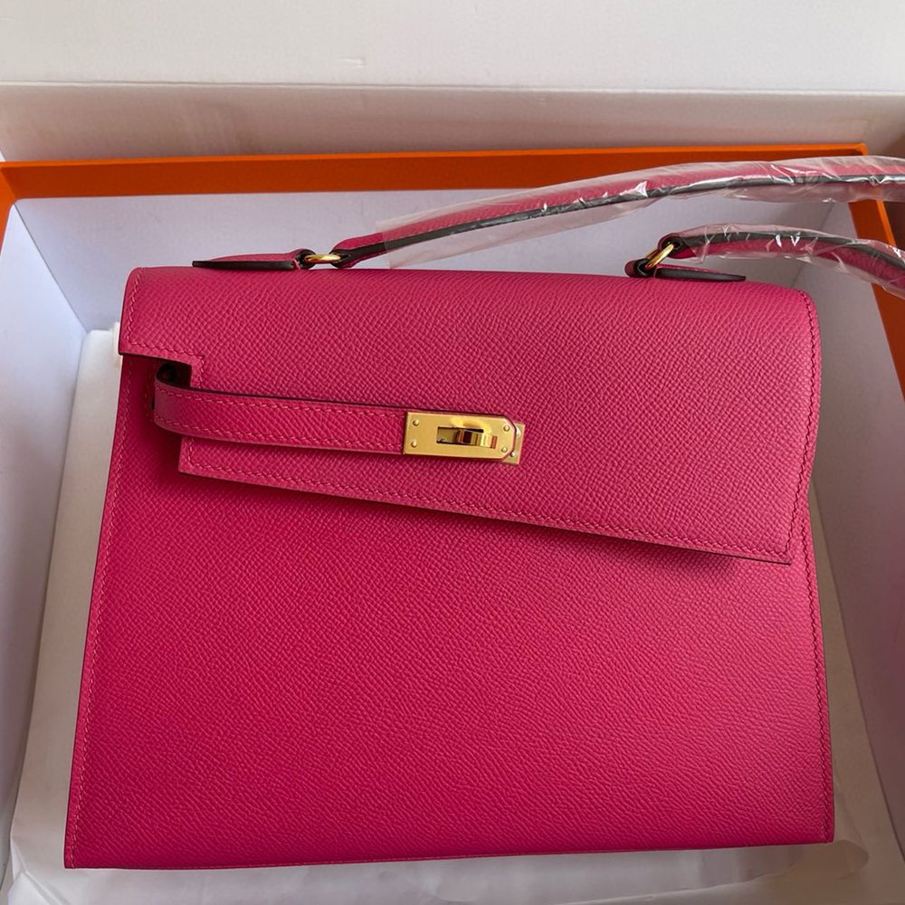 Hermes Kelly En Desordre 20 Handmade Bag in Rose Red Epsom Calfskin