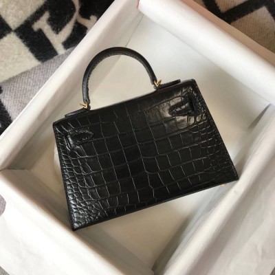 Hermes Kelly Mini II Bag In Black Embossed Crocodile Leather