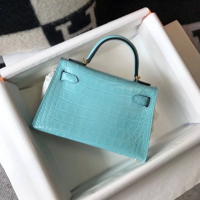 Hermes Kelly Mini II Handmade Bag In Blue Atoll Crocodile Embossed Leather