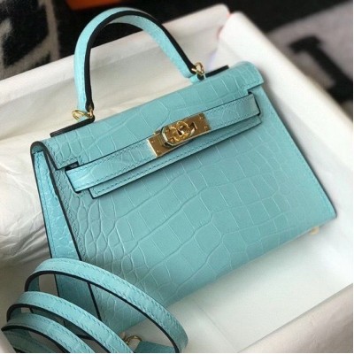 Hermes Kelly Mini II Handmade Bag In Blue Atoll Crocodile Embossed Leather