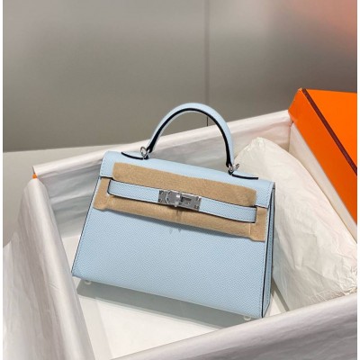 Hermes Kelly Mini II Bag In Blue Brume Epsom Leather PHW