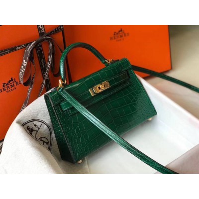 Hermes Kelly Mini II Handmade Bag In Green Crocodile Embossed Leather