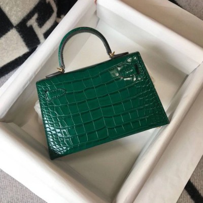 Hermes Kelly Mini II Bag In Green Embossed Crocodile Leather