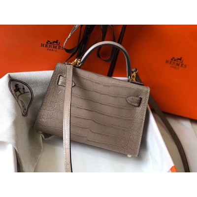 Hermes Kelly Mini II Handmade Bag In Grey Crocodile Embossed Leather