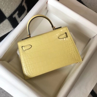 Hermes Kelly Mini II Bag In Jaune Poussin Embossed Crocodile Leather