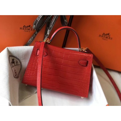 Hermes Kelly Mini II Handmade Bag In Red Crocodile Embossed Leather