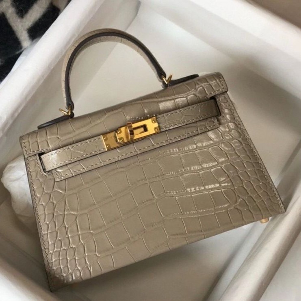 Hermes Kelly Mini II Bag In Taupe Embossed Crocodile Leather