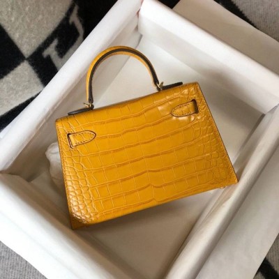 Hermes Kelly Mini II Bag In Yellow Embossed Crocodile Leather