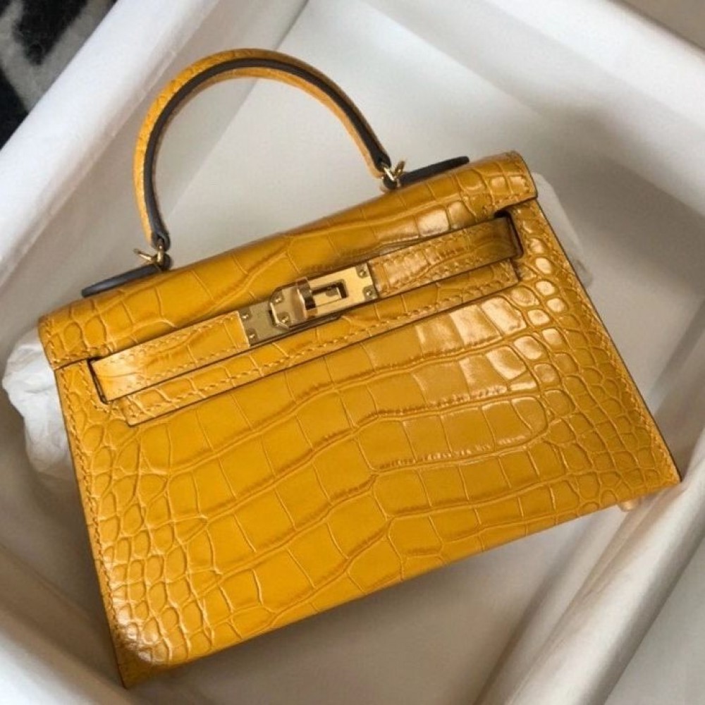 Hermes Kelly Mini II Bag In Yellow Embossed Crocodile Leather