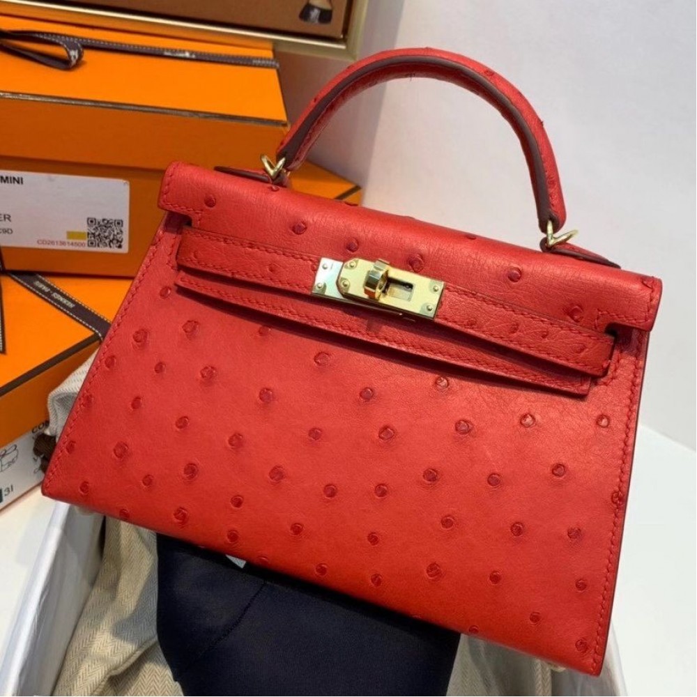 Hermes Kelly Mini II Handmade Bag In Red Ostrich Leather