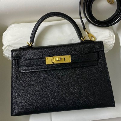 Hermes Kelly Mini II Sellier Handmade Bag In Black Chevre Mysore Leather