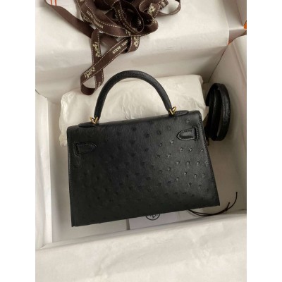 Hermes Kelly Mini II Sellier Handmade Bag In Black Ostrich Leather