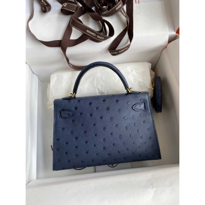 Hermes Kelly Mini II Sellier Handmade Bag in Blue de Malte Ostrich Leather