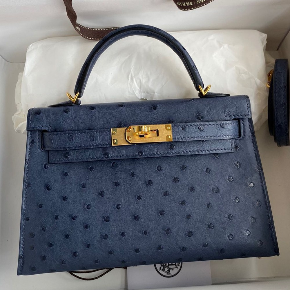 Hermes Kelly Mini II Sellier Handmade Bag in Blue de Malte Ostrich Leather