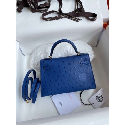 Hermes Kelly Mini II Sellier Handmade Bag in Blue Electric Ostrich Leather