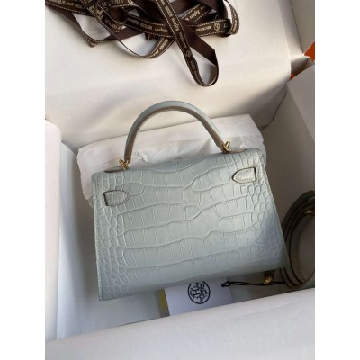 Hermes Kelly Mini II Sellier Handmade Bag In Blue Glacier Matte Alligator Leather