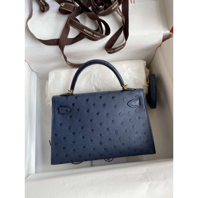 Hermes Kelly Mini II Sellier Handmade Bag In Blue Iris Ostrich Leather