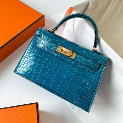 Hermes Kelly Mini II Sellier Handmade Bag in Blue Izmir Shiny Alligator Leather