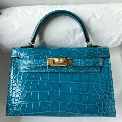 Hermes Kelly Mini II Sellier Handmade Bag in Blue Izmir Shiny Alligator Leather