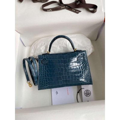 Hermes Kelly Mini II Sellier Handmade Bag In Blue Jean Shiny Alligator Leather